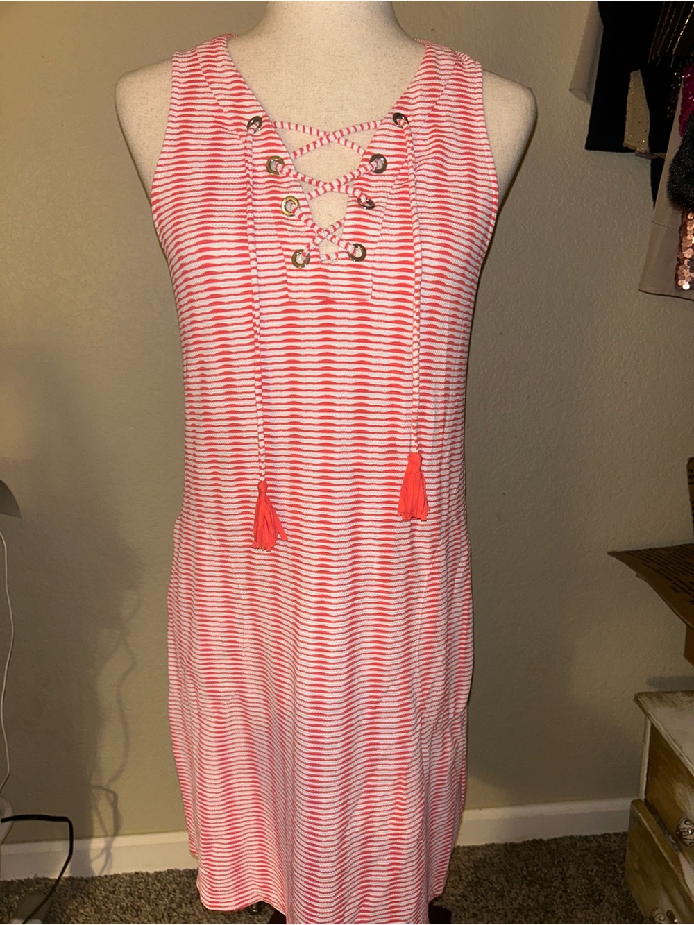 Tommy Bahama Striped Lace-Up Sleeveless Dress in Coral and White